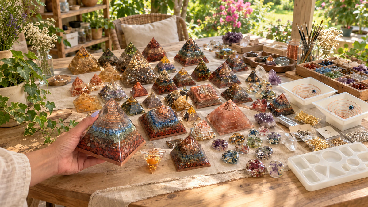 A garden atelier filled with handcrafted gemstone pyramids, resin creations, crystals and copper spirals, with a hand holding a chakra pyramid.