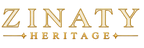 Zinaty Heritage inverse wordmark, ivory cream ZINATY letters with metallic gold edges, gold Heritage lettering and ornaments, transparent background