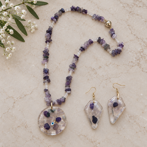 Amethyst Grace necklace and matching earrings — cream marble portrait