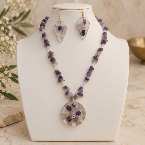 Amethyst Grace necklace and matching earrings — ivory bust display
