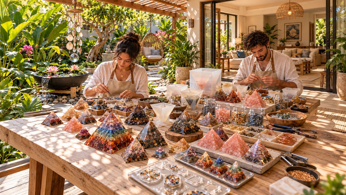 Artisans handcrafting gemstone pyramids at a sunlit garden workshop connected to a warm home, with crystal stones, resin molds and copper spirals.