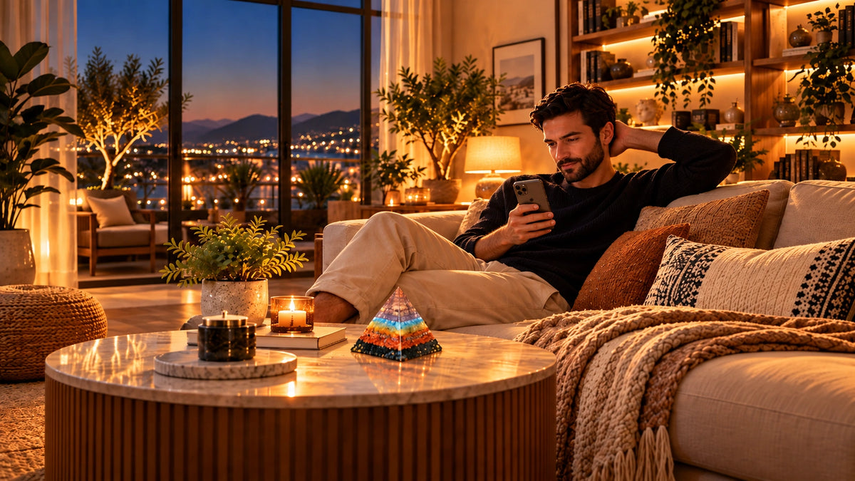 The same man relaxing on a sofa at home in the evening with his smartphone and handmade gemstone pyramid