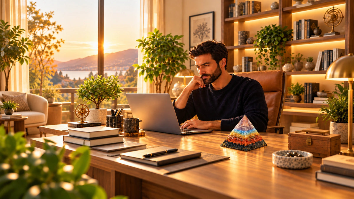 A Mediterranean man in a sunlit home office working at his desk beside a handmade multi-gemstone pyramid
