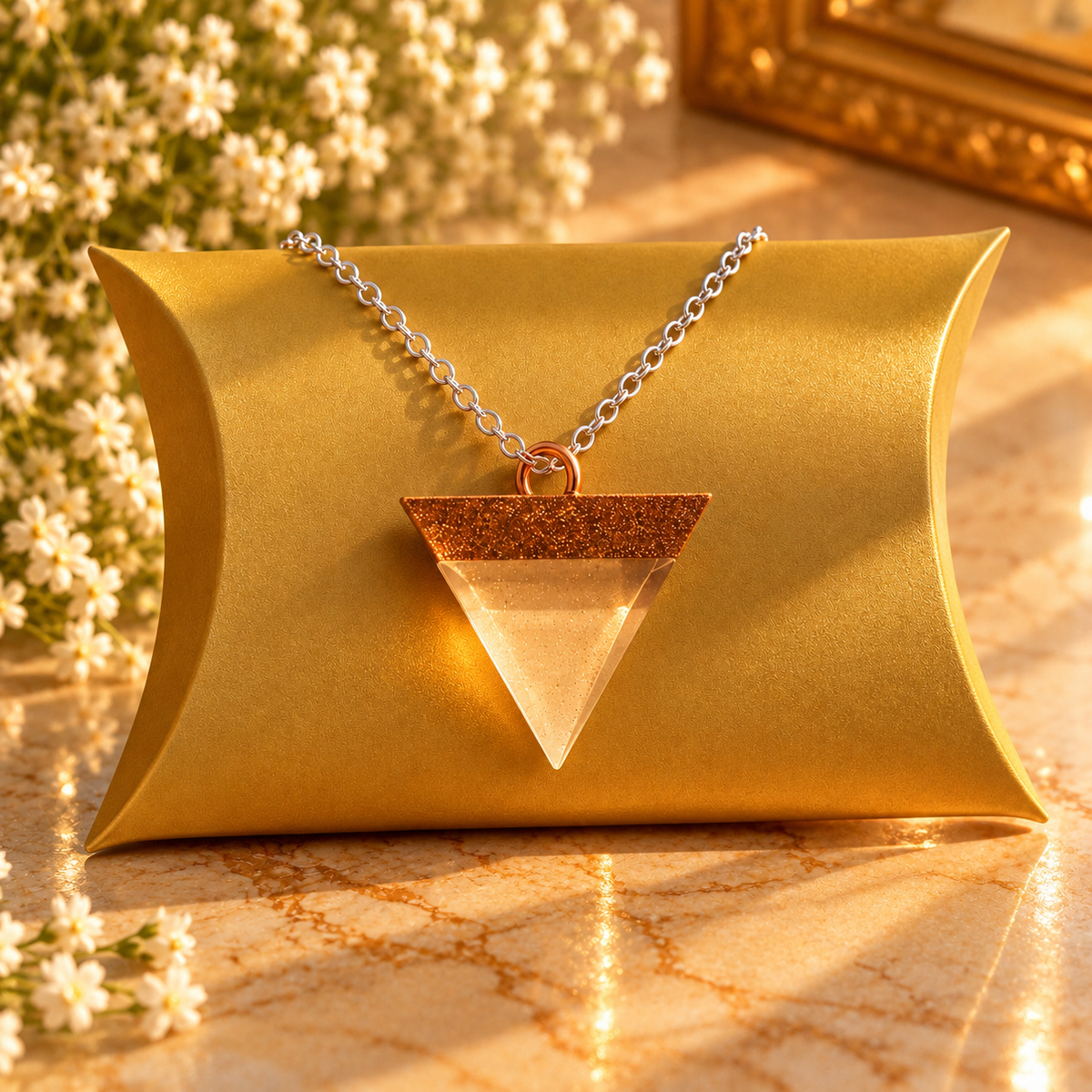 Eternal Harmony on gold pillow box, no hand, silver chain