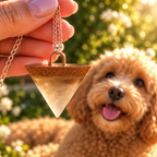 Eternal Harmony suspended by silver chain with dog in background