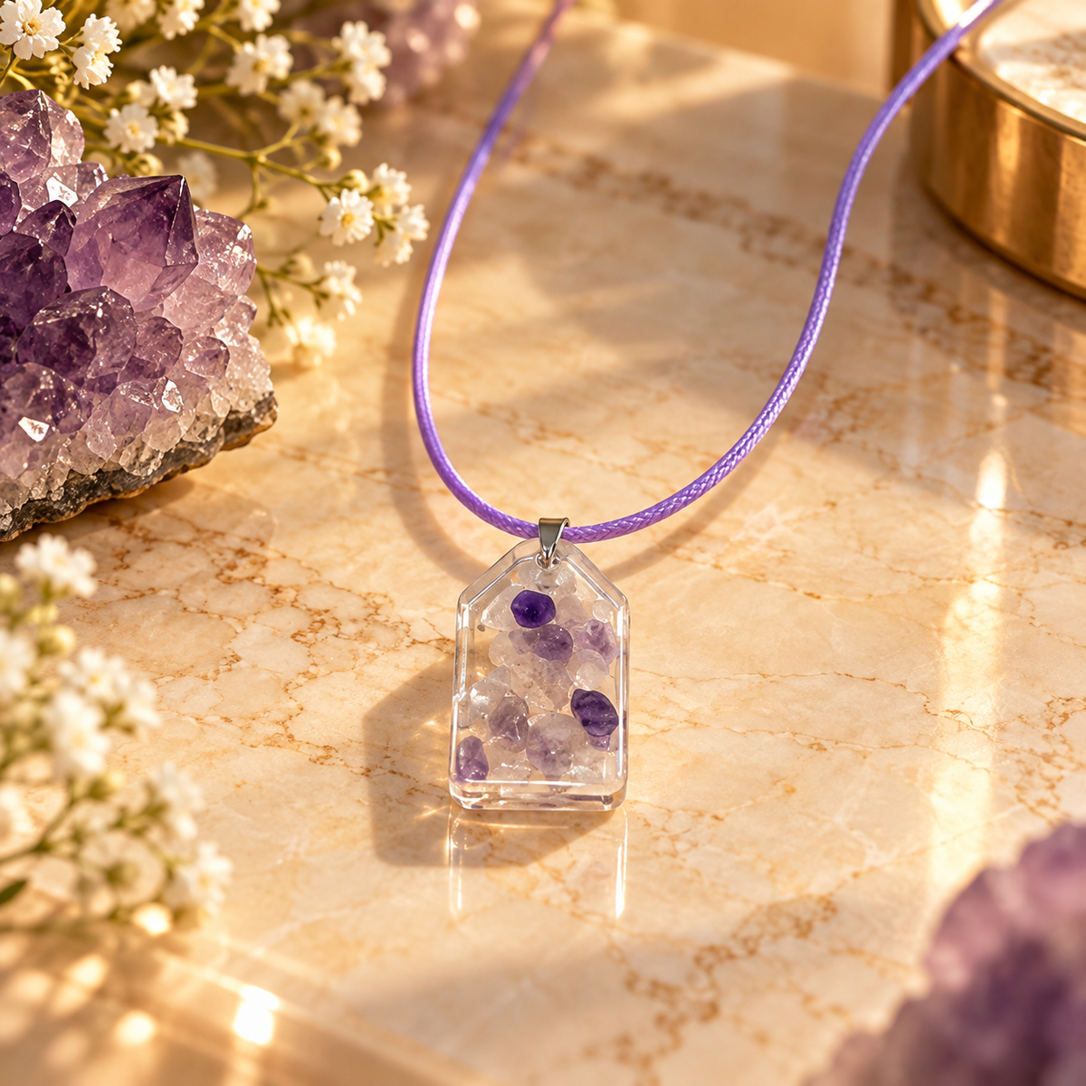 Ethereal amethyst pendant on cream marble