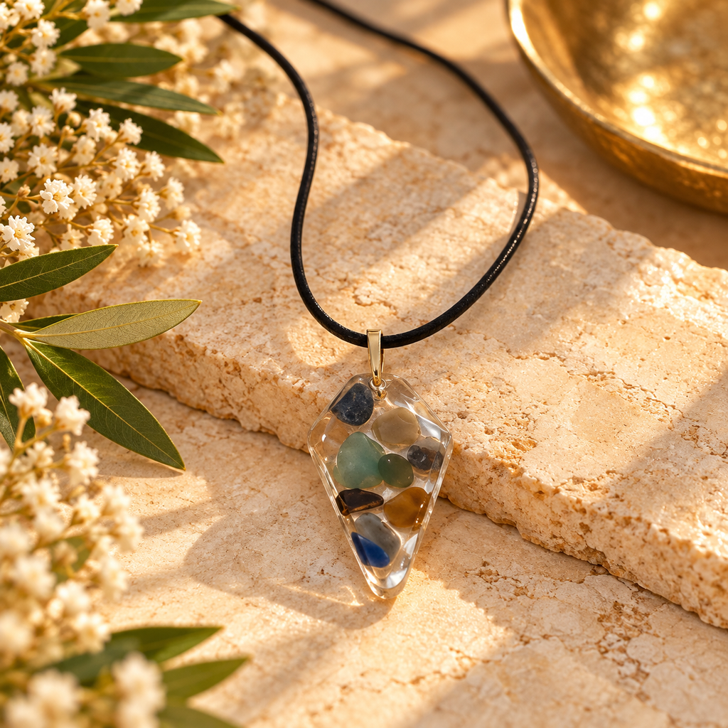 Grounded pendant on cream marble