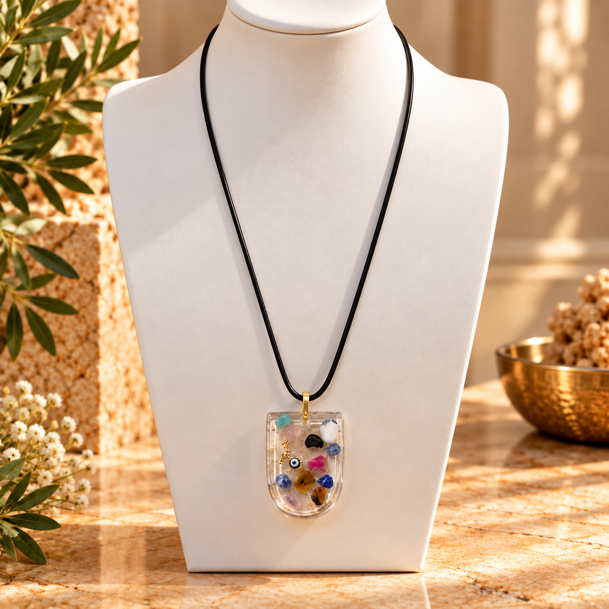 Harmonious pendant on ivory bust with long black cord
