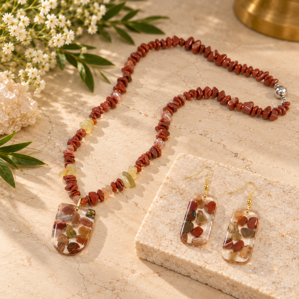 Red Terra necklace and earrings on marble