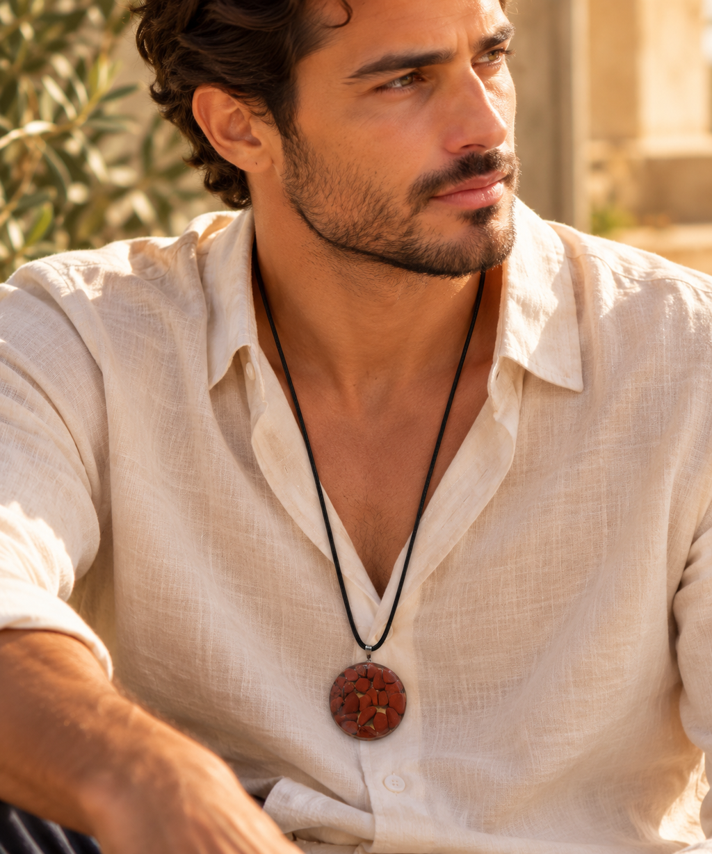 Resolute red jasper pendant worn by man with long black cord