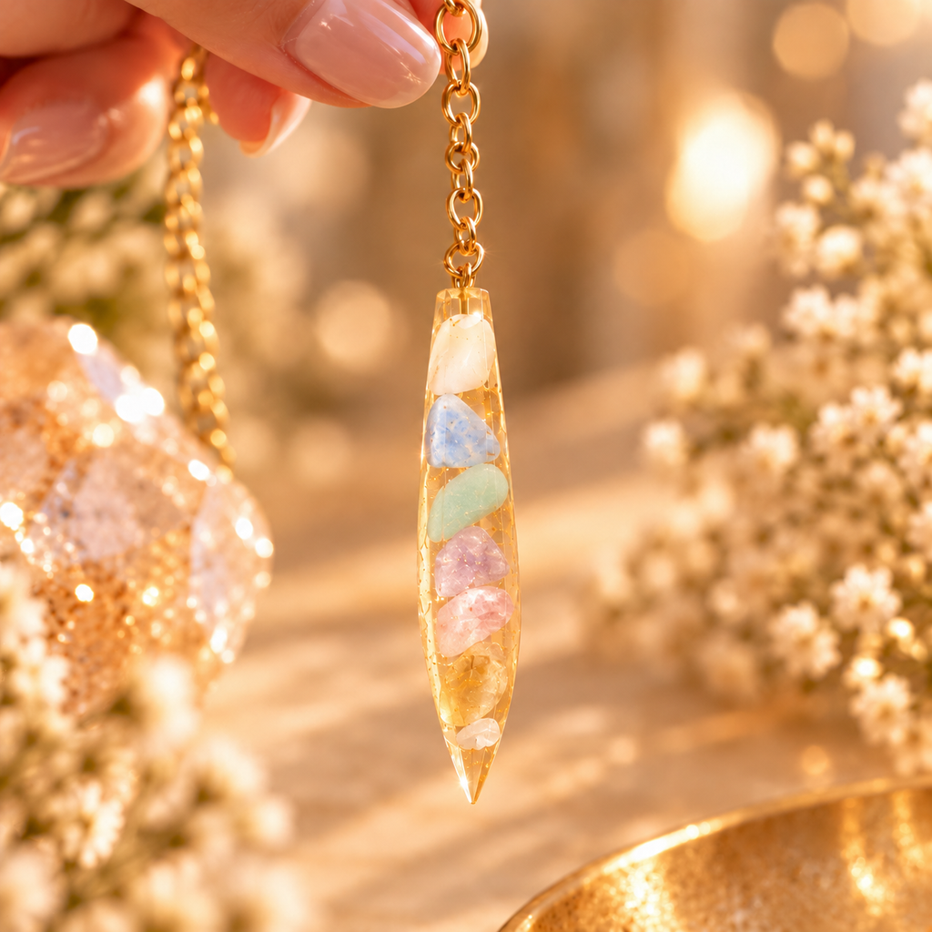 Soul Momentum pastel pendulum hanging from gold chain