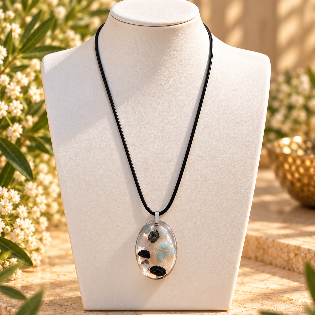 Stillness pendant on ivory jewelry bust with long black cord