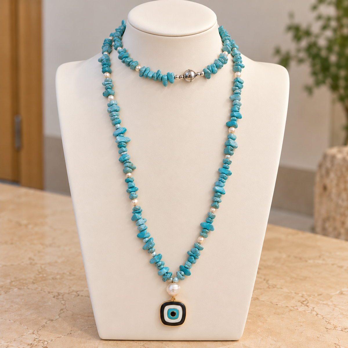 Turquoise Maia necklace on ivory bust, two styling options