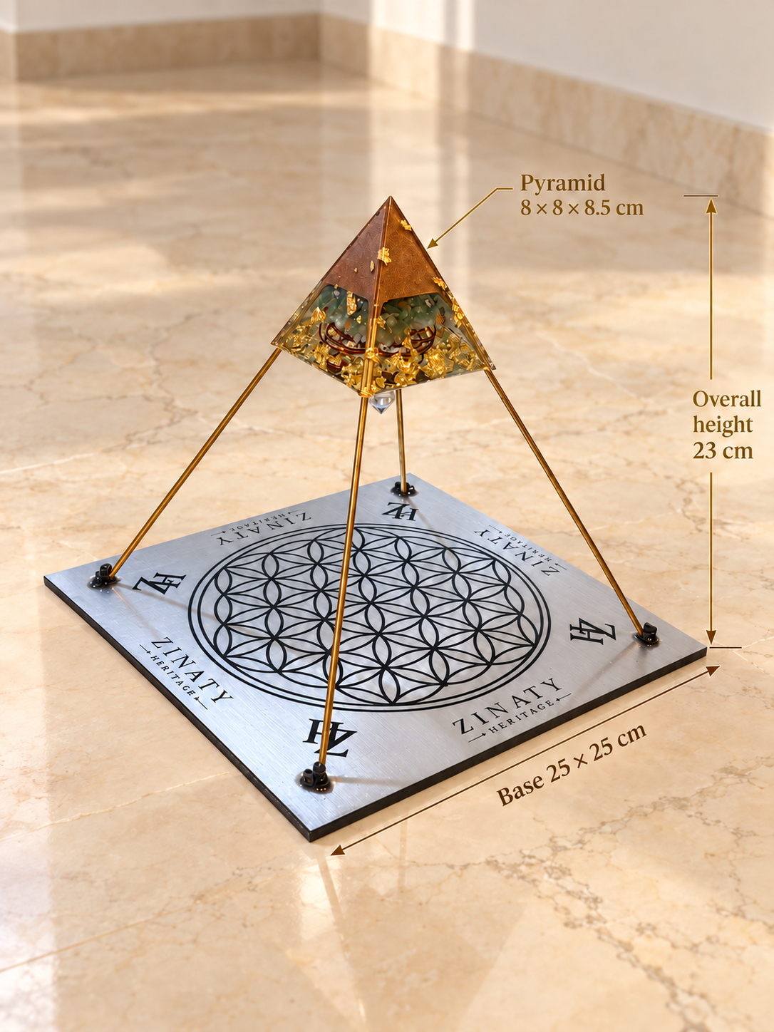 Verdant Vortex measurements: base 25 by 25 cm, height 23 cm, inner pyramid 8 by 8 by 8.5 cm
