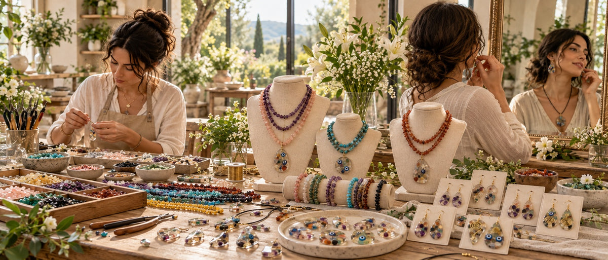 Zinaty Heritage jewelry atelier, artisan crafting gemstone jewelry and woman trying on earrings